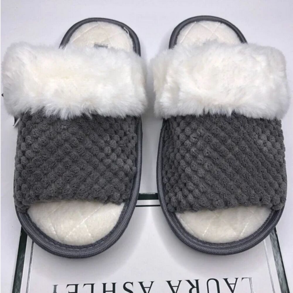 Gray Laura Ashley Memory Foam Spa Collection Faux Fur Open-Toe Slippers (NWT)